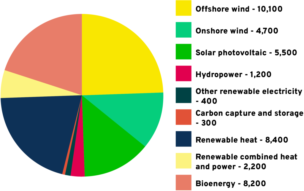 A pie chart showing employment by renewables sector