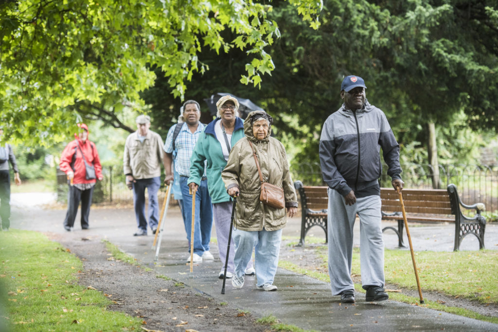Six elderly individuals use walking sticks to stroll along a damp path in a community green space.