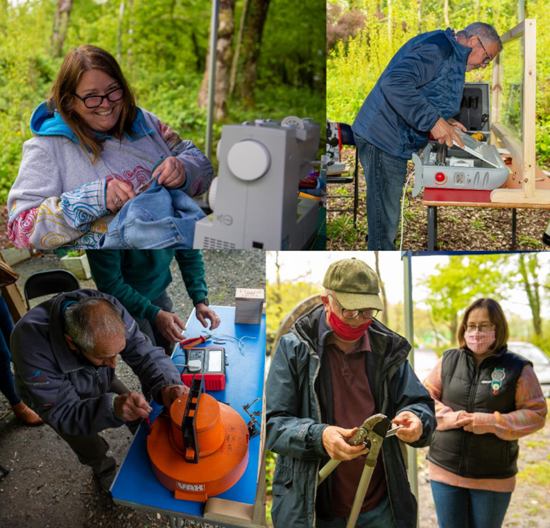 Collage of various people working outdoors and using tools to make small equipment repairs.