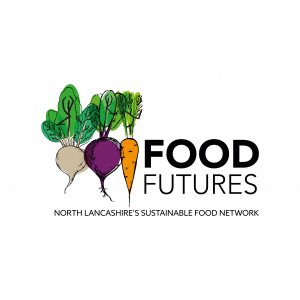 Logo with drawings of root vegetables that reads "Food Futures: North Lancashire's sustainable food Network."